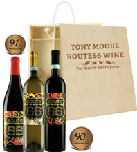 Load the image into the Gallery viewer, 3 Bottles ROUTE66 Signature Collection Wine & Personalised Wooden Box