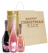 Load the image into the Gallery viewer, 3 Bottles Hello Kitty Sparkling Wine & Personalise your own Wine Box Christmas