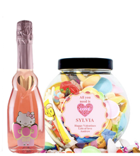 Load the image into the Gallery viewer, 1 Bottle Hello Kitty Wine of your choice &amp; Personalise your own Love Heart Sweet Jar
