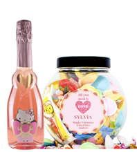 Load the image into the Gallery viewer, 1 Bottle Hello Kitty Wine of your choice & Personalise your own Love Heart Sweet Jar