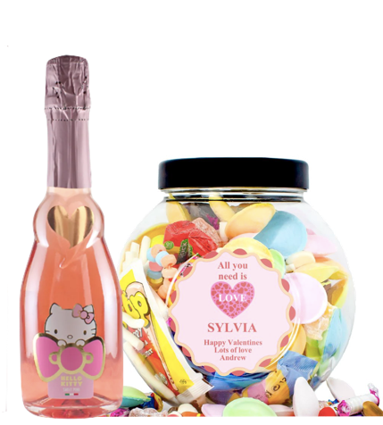 1 Bottle Hello Kitty Wine of your choice & Personalise your own Love Heart Sweet Jar