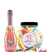 Load the image into the Gallery viewer, 1 Bottle Hello Kitty Wine of your choice &amp; Personalise your Retro Sweets - PINK BIRTHDAY JAR
