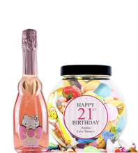 Load the image into the Gallery viewer, 1 Bottle Hello Kitty Wine of your choice & Personalise your Retro Sweets - PINK BIRTHDAY JAR