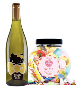 1 Bottle Hello Kitty Wine of your choice & Personalise your own Love Heart Sweet Jar