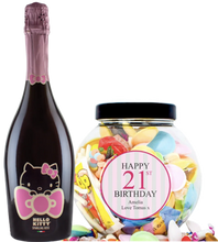 Load the image into the Gallery viewer, 1 Bottle Hello Kitty Wine of your choice &amp; Personalise your Retro Sweets - PINK BIRTHDAY JAR
