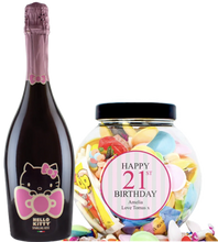 Load the image into the Gallery viewer, 1 Bottle Hello Kitty Wine of your choice & Personalise your Retro Sweets - PINK BIRTHDAY JAR