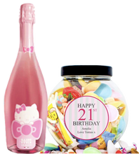 Load the image into the Gallery viewer, 1 Bottle Hello Kitty Wine of your choice & Personalise your Retro Sweets - PINK BIRTHDAY JAR