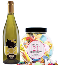 Load the image into the Gallery viewer, 1 Bottle Hello Kitty Wine of your choice & Personalise your Retro Sweets - PINK BIRTHDAY JAR