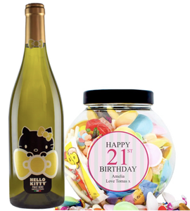 1 Bottle Hello Kitty Wine of your choice & Personalise your Retro Sweets - PINK BIRTHDAY JAR