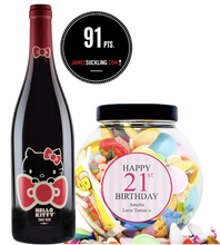 Load the image into the Gallery viewer, 1 Bottle Hello Kitty Wine of your choice & Personalise your Retro Sweets - PINK BIRTHDAY JAR