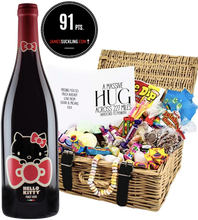 Load the image into the Gallery viewer, Hello Kitty Wine &amp; Personalised Retro Sweet Hamper &quot;HUG&quot;
