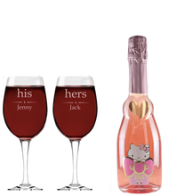 Load the image into the Gallery viewer, Hello Kitty Wine &amp; 2 Personalised His and Hers Wine Glasses
