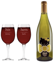 Load the image into the Gallery viewer, Hello Kitty Wine & 2 Personalised His and Hers Wine Glasses