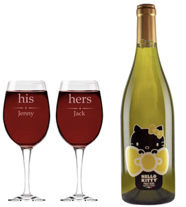 Hello Kitty Wine & 2 Personalised His and Hers Wine Glasses