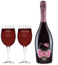 Load the image into the Gallery viewer, Hello Kitty Wine & 2 Personalised His and Hers Wine Glasses
