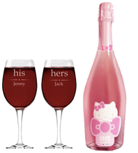 Load the image into the Gallery viewer, Hello Kitty Wine & 2 Personalised His and Hers Wine Glasses