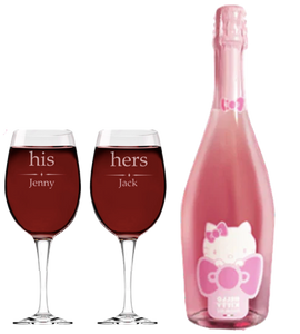Hello Kitty Wine & 2 Personalised His and Hers Wine Glasses