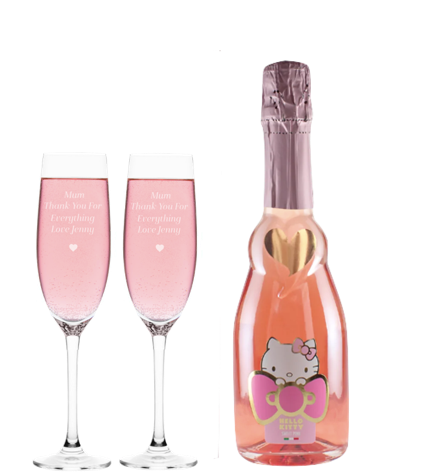 Hello Kitty Spumantè & 2 Personalised Heart Flutes