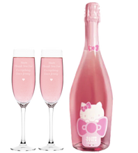 Load the image into the Gallery viewer, Hello Kitty Spumantè & 2 Personalised Heart Flutes