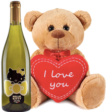 Load the image into the Gallery viewer, Hello Kitty "Pinot Noir Vinif. Bianco" teddy bear holding a heart with "I love you"