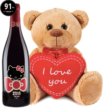Load the image into the Gallery viewer, Hello Kitty Pinot Noir teddy bear holding a heart with "I love you"