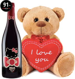 Hello Kitty Pinot Noir teddy bear holding a heart with "I love you"