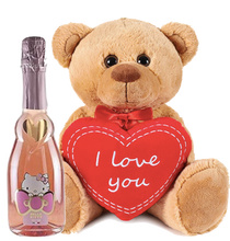 Load the image into the Gallery viewer, Hello Kitty Sweet Pink Spumante Rosè teddy bear holding a heart with &quot;I love you&quot;
