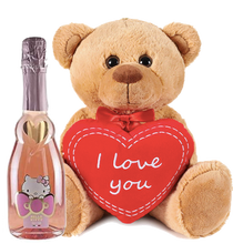 Load the image into the Gallery viewer, Hello Kitty Sweet Pink Spumante Rosè teddy bear holding a heart with "I love you"